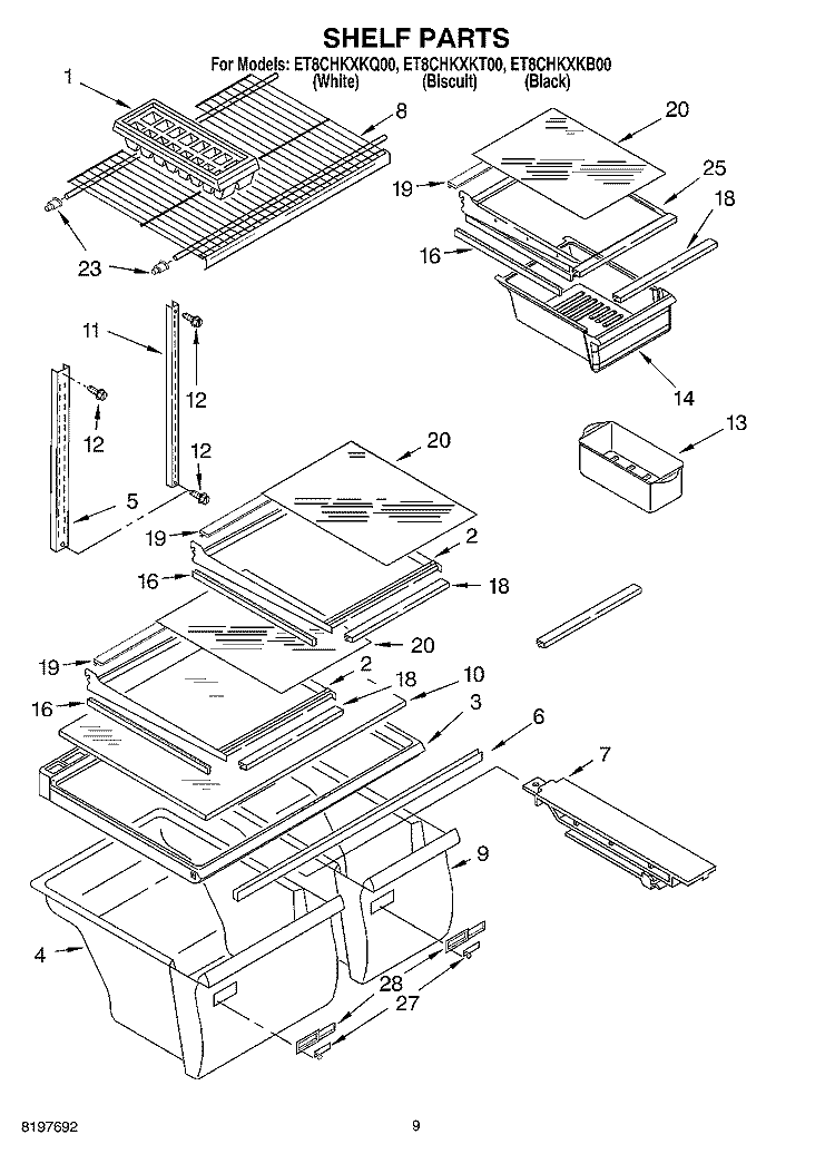 SHELF, OPTIONAL Diagram and Parts List for ET8CHKXKQ00  Whirlpool Refrigerator