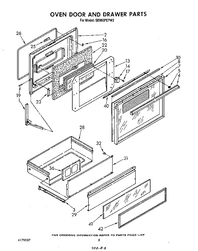 OVEN DOOR AND DRAWER Diagram and Parts List for SE960PEPW2  Whirlpool Range