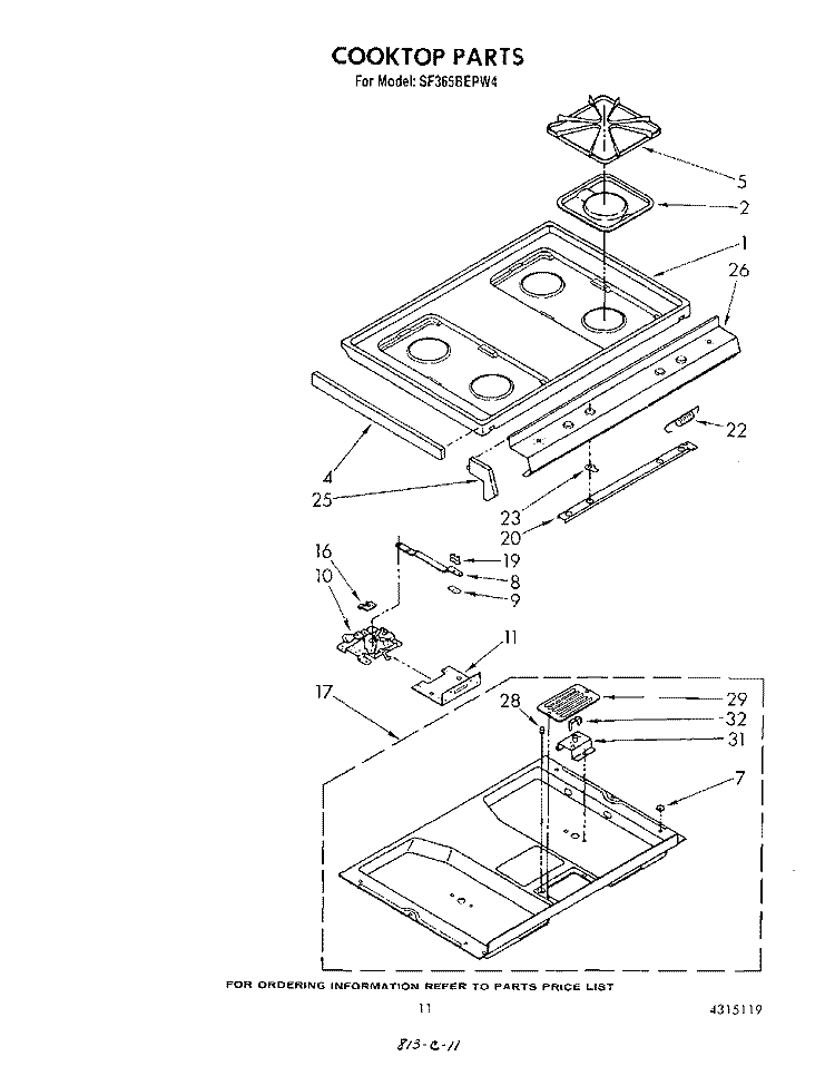 COOK TOP Diagram and Parts List for SF365BEPW4  Whirlpool Range