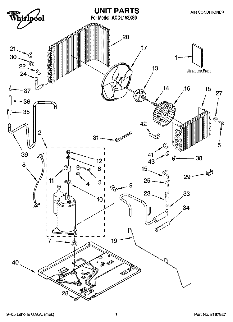 UNIT PARTS Diagram and Parts List for ACQL158XS0  Whirlpool Air Conditioner