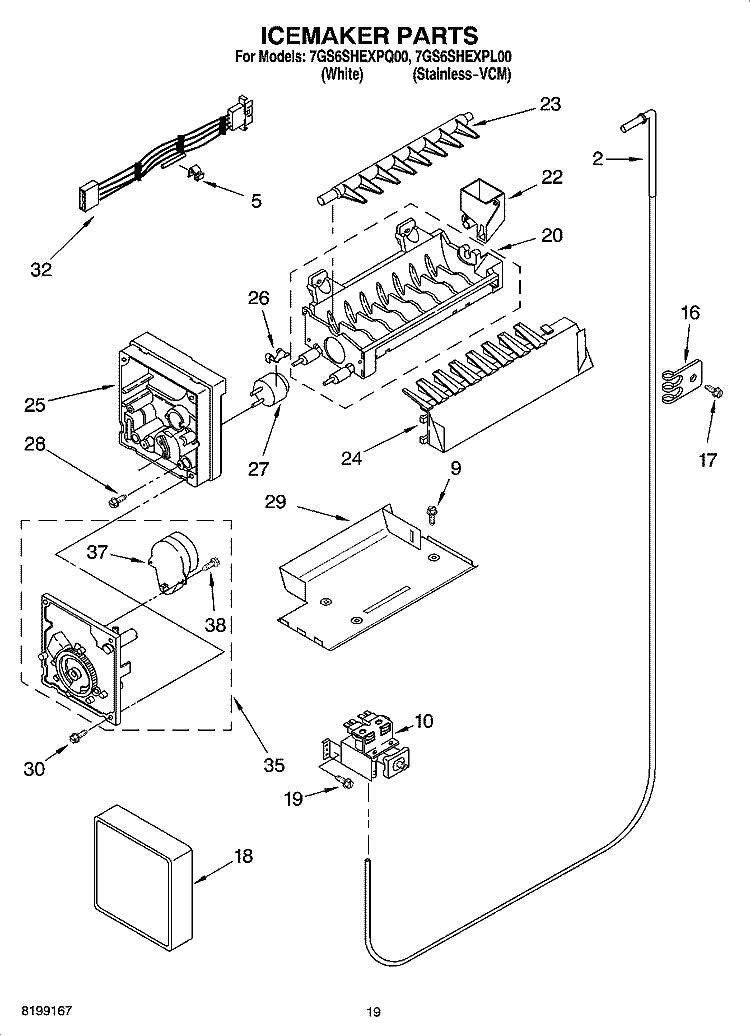 ICEMAKER PARTS, OPTIONAL PARTS Diagram and Parts List for 7GS6SHEXPQ00  Whirlpool Refrigerator