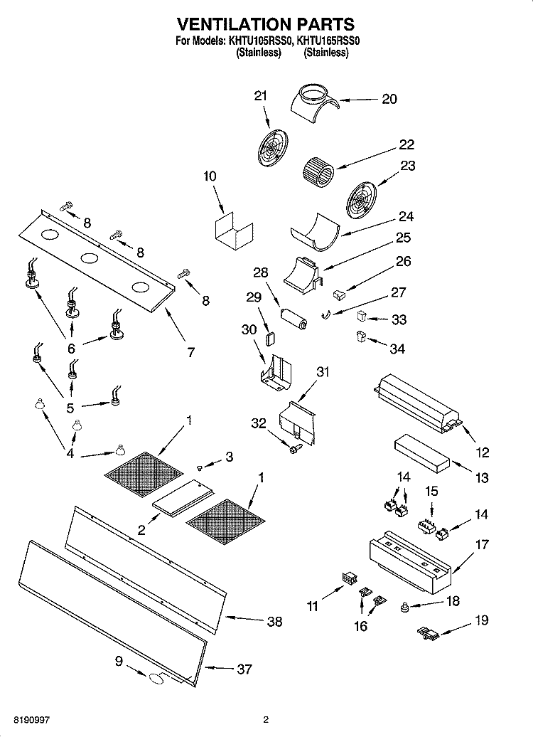 VENTILATION PARTS Diagram and Parts List for KHTU105RSS0  KitchenAid Range Hood