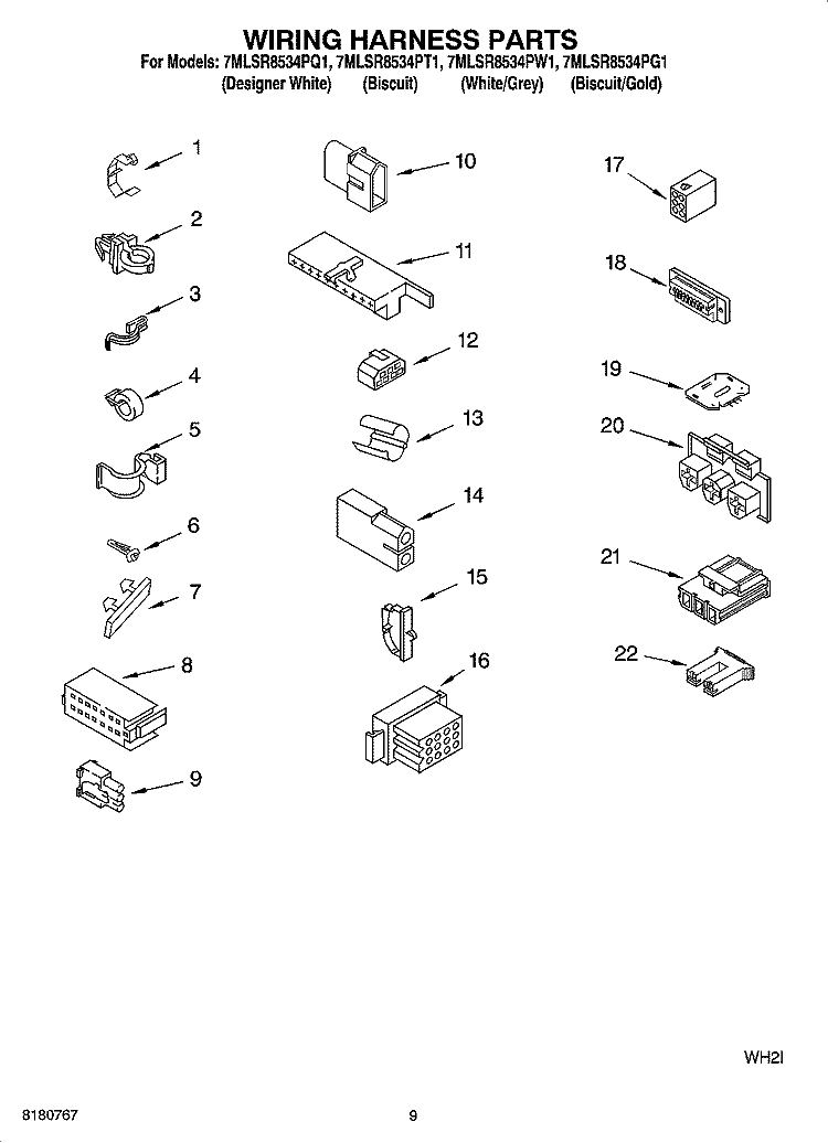 WIRING HARNESS PARTS Diagram and Parts List for 7MLSR8534PW1  Whirlpool Washer