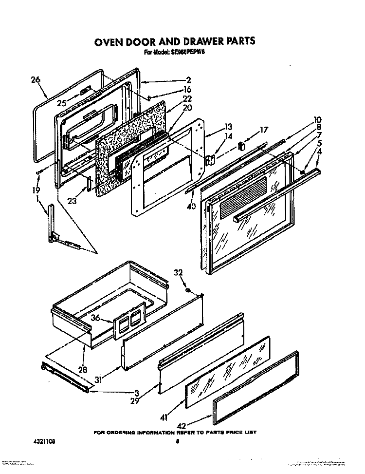OVEN DOOR AND DRAWER Diagram and Parts List for SE960PEPW6  Whirlpool Range