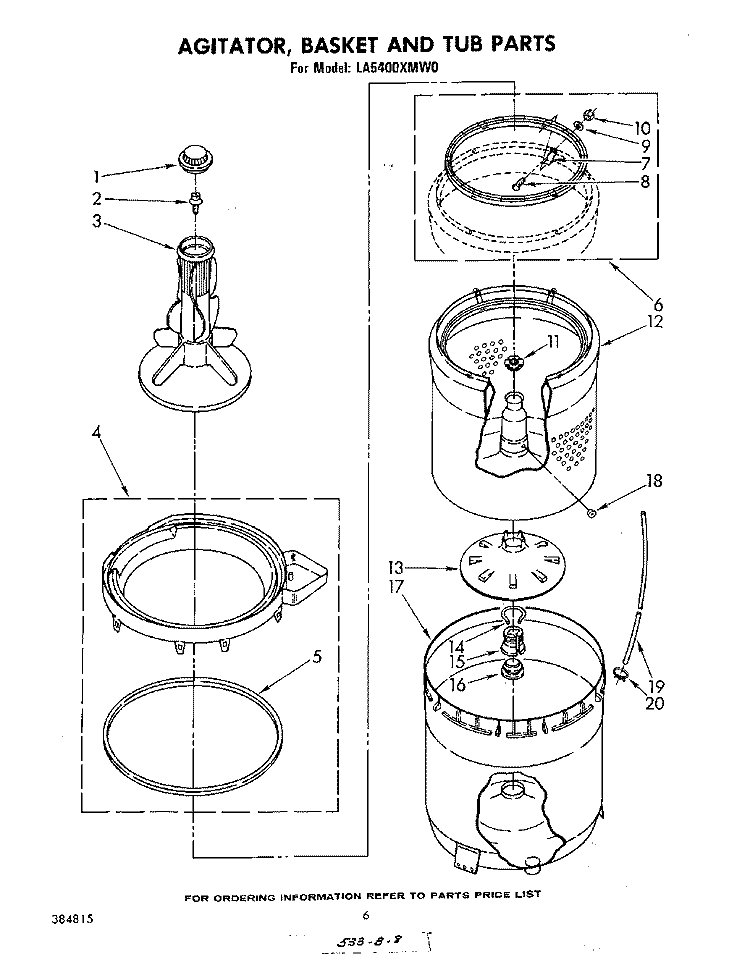 AGITATOR, BASKET AND TUB Diagram and Parts List for LA5400XMW0  Whirlpool Washer