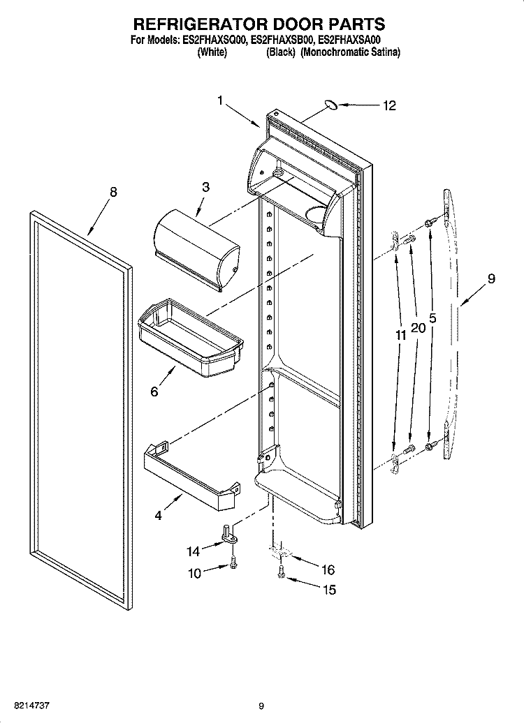 REFRIGERATOR DOOR PARTS Diagram and Parts List for ES2FHAXSQ00  Whirlpool Refrigerator
