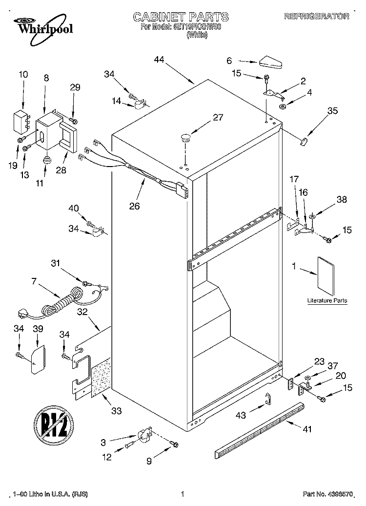 CABINET, LITERATURE Diagram and Parts List for 6ET19PKXHW00  Whirlpool Refrigerator