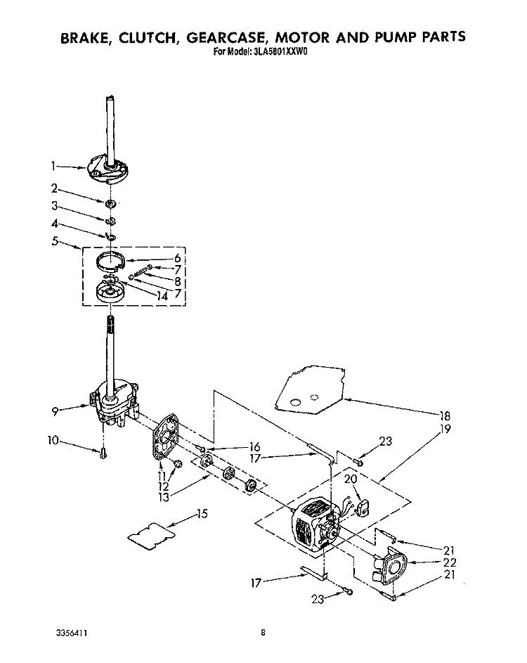 BRAKE, CLUTCH, GEARCASE, MOTOR AND PUMP Diagram and Parts List for 3LA5801XXW0  Whirlpool Washer