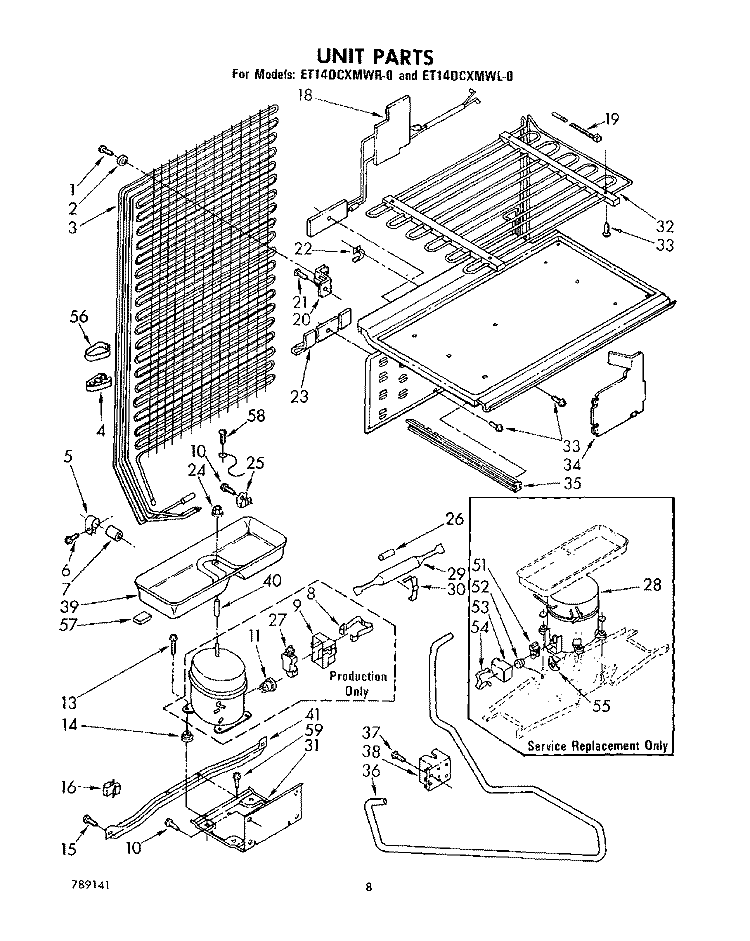 UNIT Diagram and Parts List for ET14DCXMWL0  Whirlpool Refrigerator