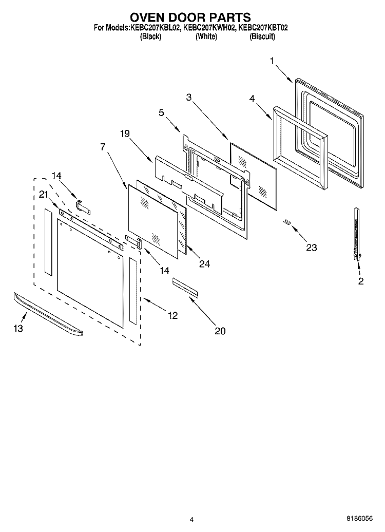 OVEN DOOR PARTS Diagram and Parts List for KEBC207KBL02  KitchenAid Wall Oven