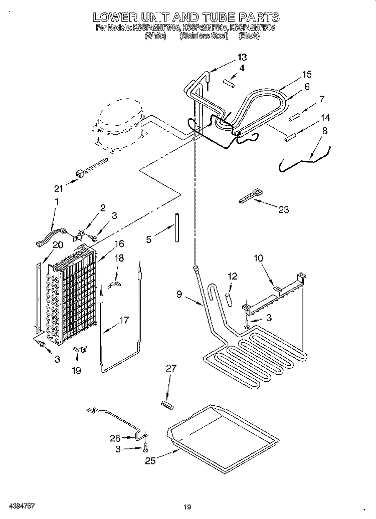 LOWER UNIT AND TUBE Diagram and Parts List for KSSP42MFB05  KitchenAid Refrigerator