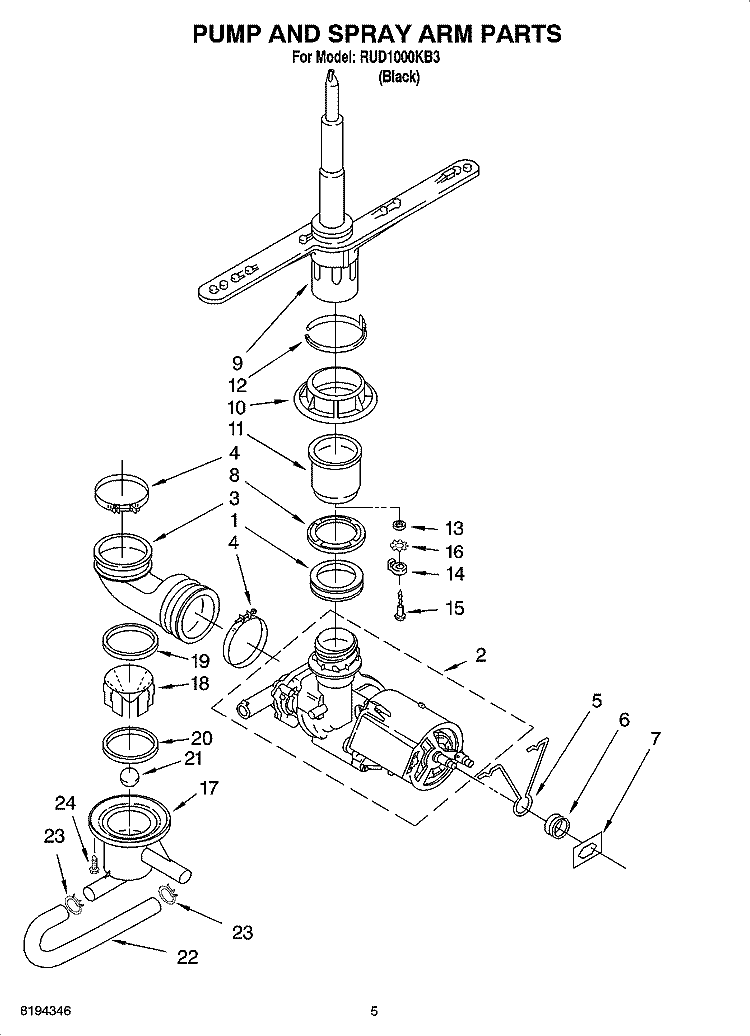 PUMP AND SPRAY ARM PARTS Diagram and Parts List for RUD1000KB3  Roper Dishwasher
