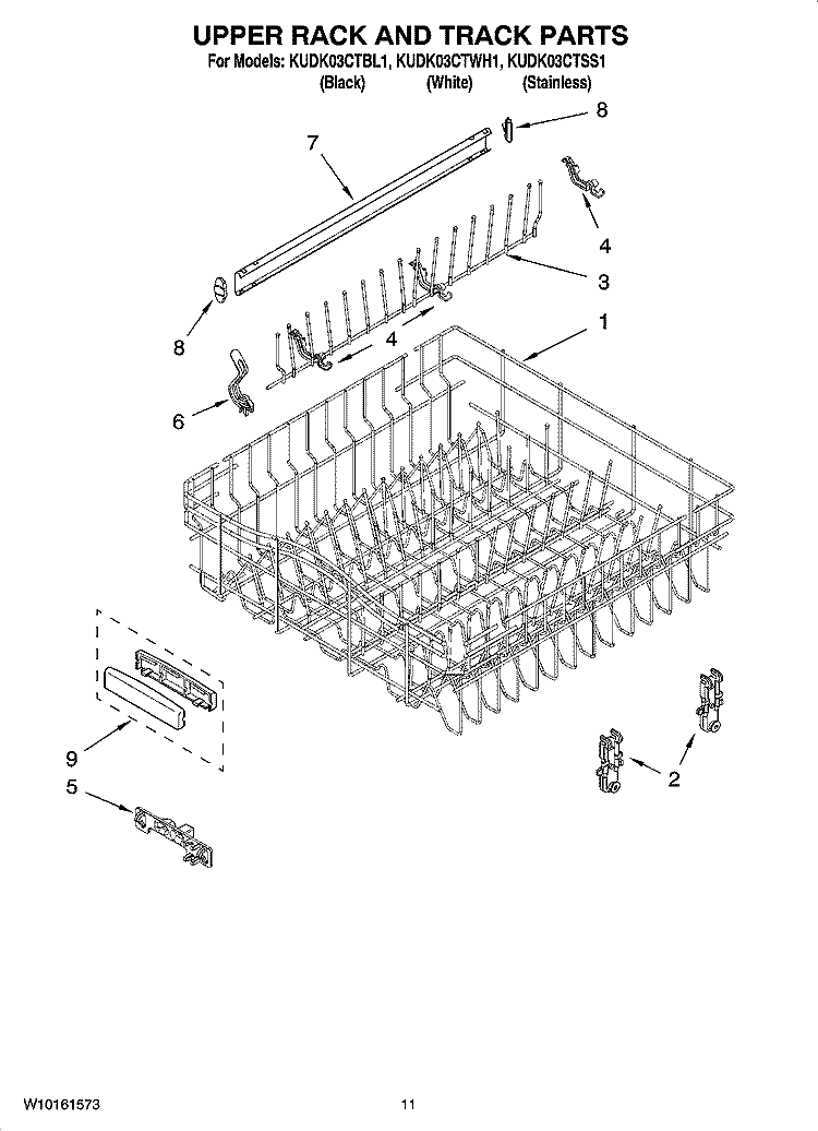 UPPER RACK AND TRACK PARTS Diagram and Parts List for KUDK03CTWH1  KitchenAid Dishwasher