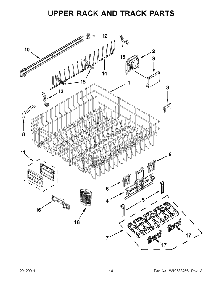 UPPER RACK AND TRACK PARTS Diagram and Parts List for KUDS35FBBL0  KitchenAid Dishwasher