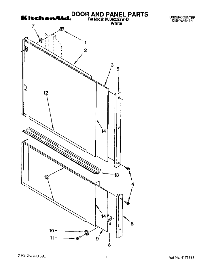 DOOR AND PANEL Diagram and Parts List for KUDA23ZYWH0  KitchenAid Dishwasher
