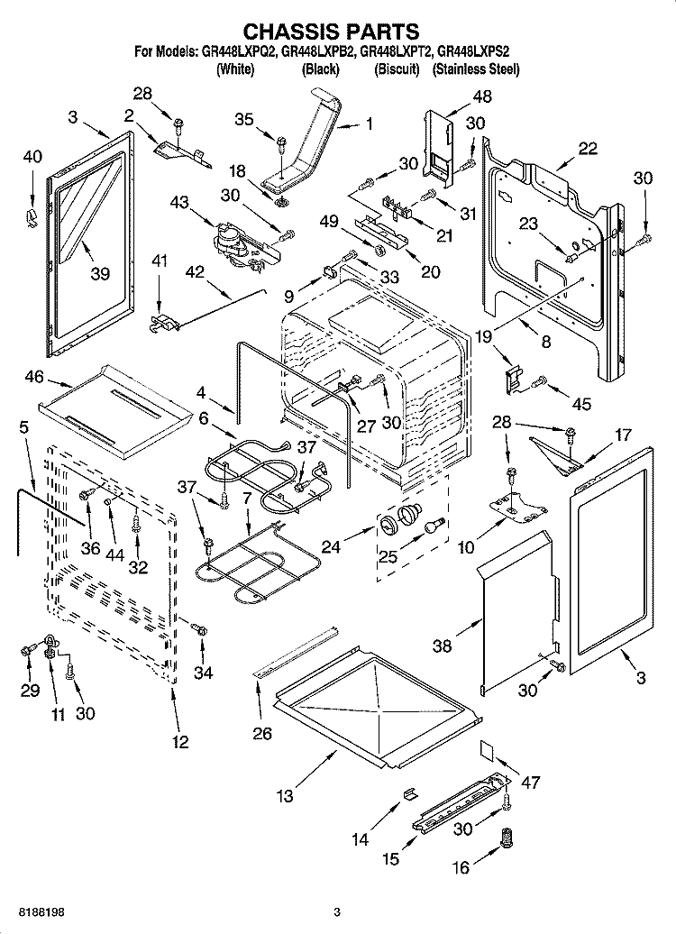 CHASSIS PARTS Diagram and Parts List for GR448LXPT2  Whirlpool Range