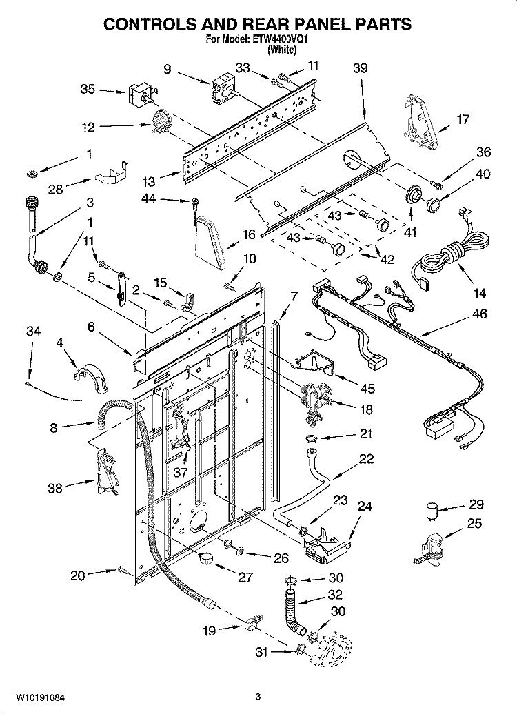 CONTROLS AND REAR PANEL PARTS Diagram and Parts List for ETW4400VQ1  Estate Washer