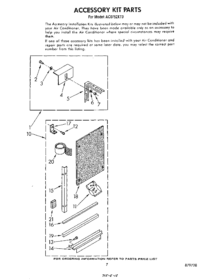 ACCESSORY KIT Diagram and Parts List for AC0752XT0  Whirlpool Air Conditioner