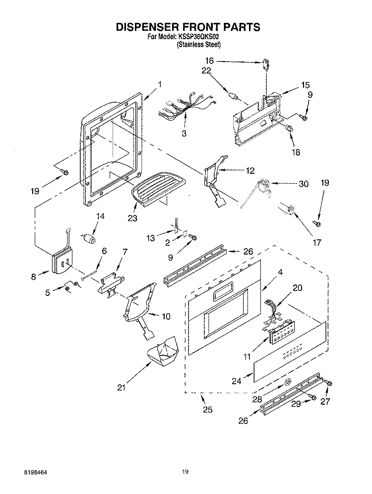 DISPENSER AND FRONT PARTS Diagram and Parts List for KSSP36QKS02  KitchenAid Refrigerator