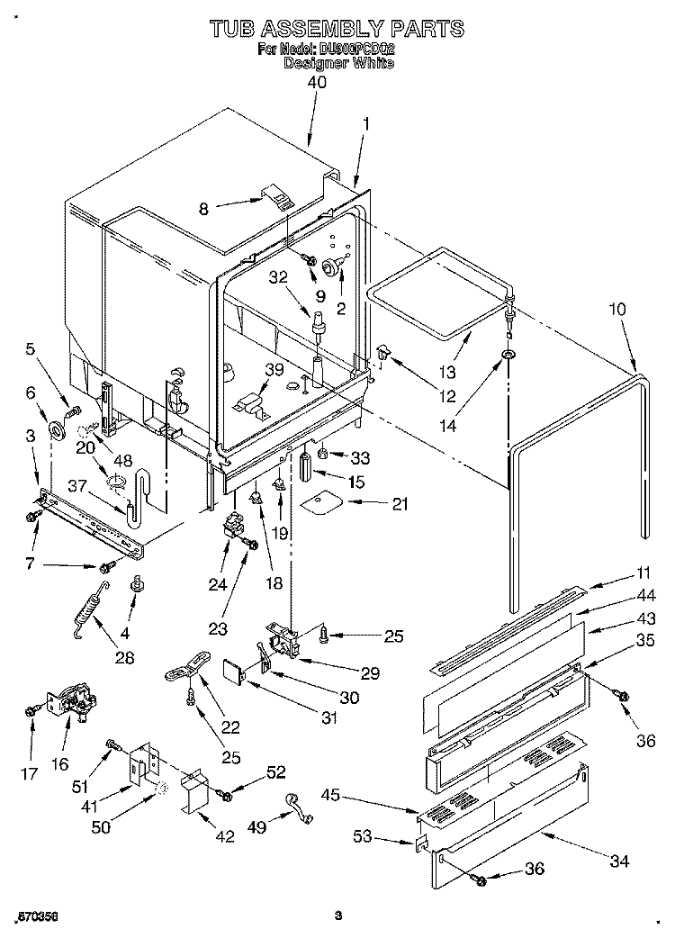 TUB ASSEMBLY Diagram and Parts List for DU900PCDQ2  Whirlpool Dishwasher