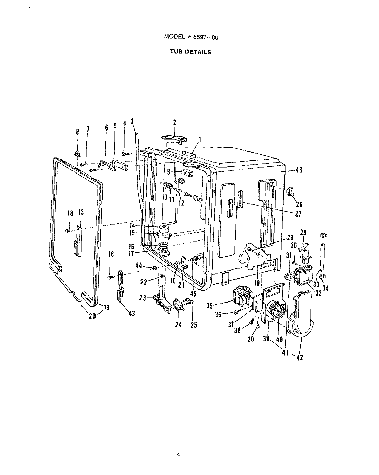 TUB Diagram and Parts List for 8597L00  Roper Dishwasher