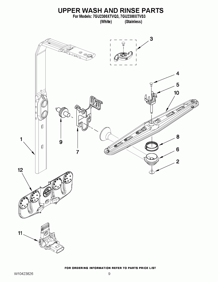 UPPER WASH AND RINSE PARTS Diagram and Parts List for 7GU2300XTVQ3  Whirlpool Dishwasher