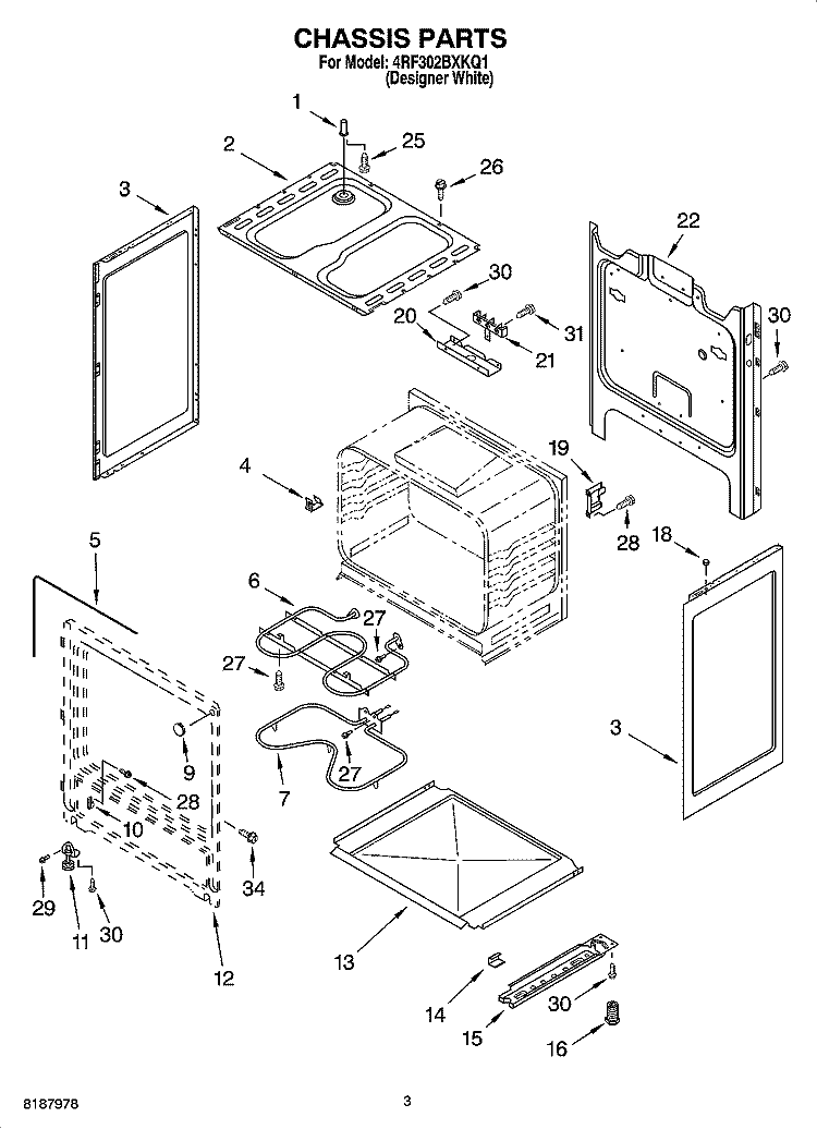 CHASSIS PARTS Diagram and Parts List for 4RF302BXKQ1  Whirlpool Range