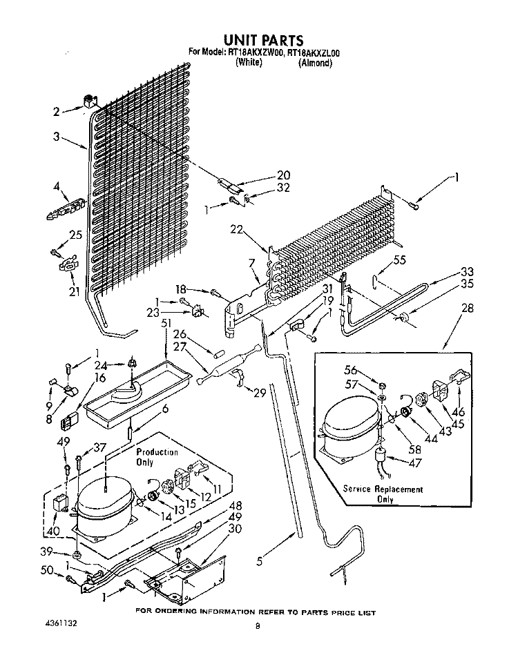 UNIT Diagram and Parts List for RT18AKXZW00  Roper Refrigerator