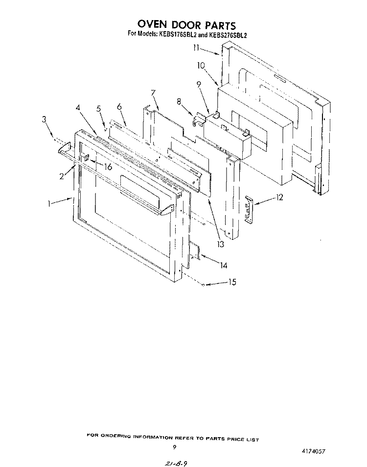 OVEN DOOR Diagram and Parts List for KEBS176SBL2  KitchenAid Wall Oven