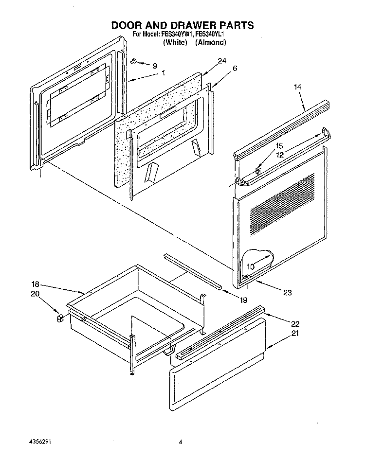 DOOR AND DRAWER Diagram and Parts List for FES340YL1  Whirlpool Range