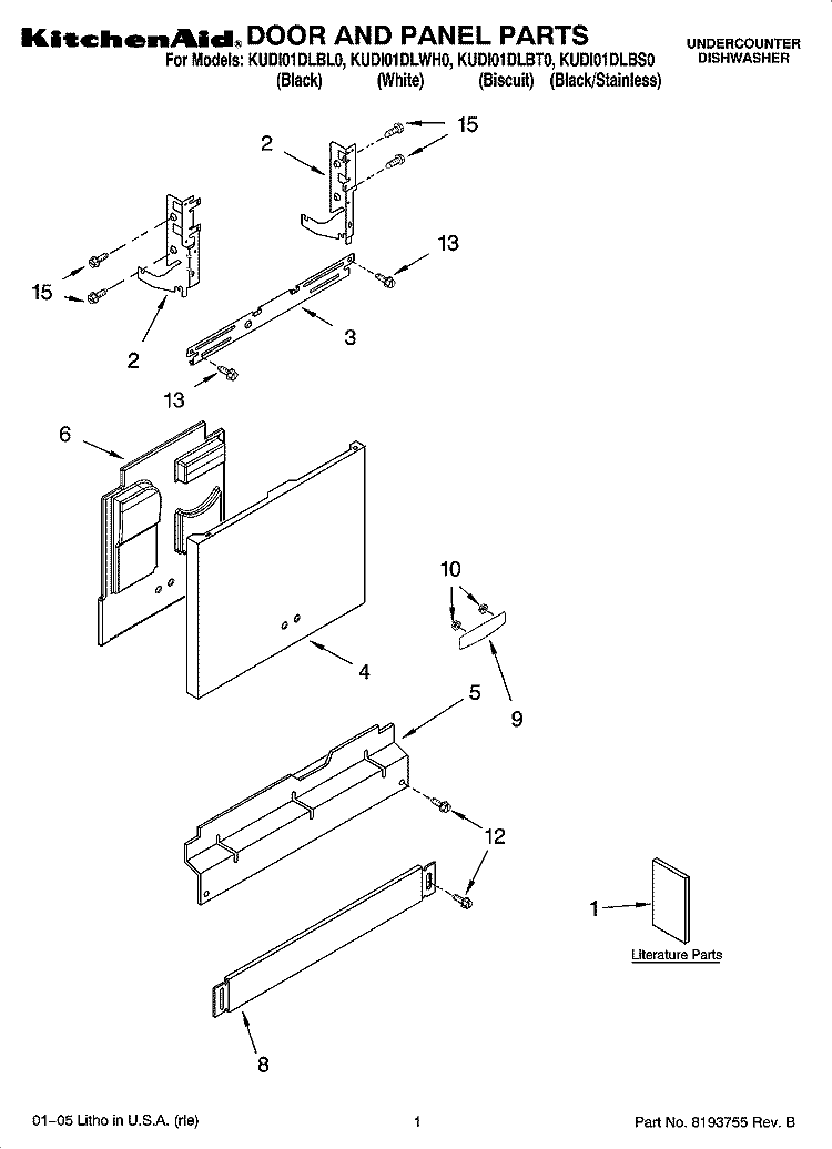 DOOR AND PANEL PARTS Diagram and Parts List for KUDI01DLBL0  KitchenAid Dishwasher