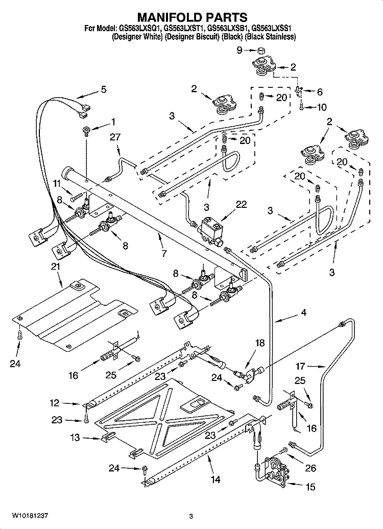 MANIFOLD PARTS Diagram and Parts List for GS563LXSQ1  Whirlpool Range