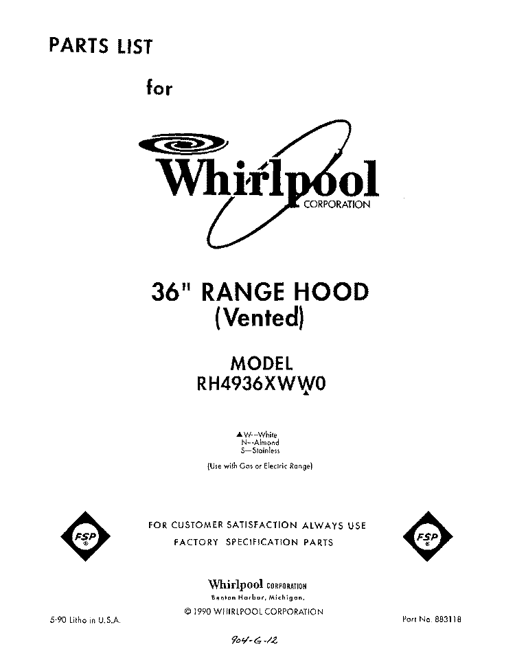 SECTION Diagram and Parts List for RH4936XWW0  Whirlpool Range Hood