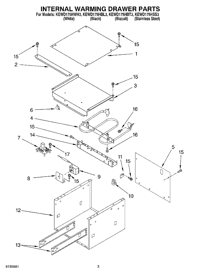SECTION Diagram and Parts List for KEWD175HBL3  KitchenAid Warming Drawer