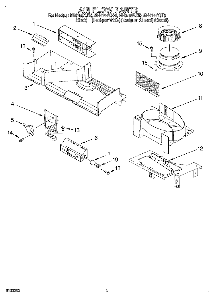 AIR FLOW Diagram and Parts List for MH8150XJT0  Whirlpool Microwave