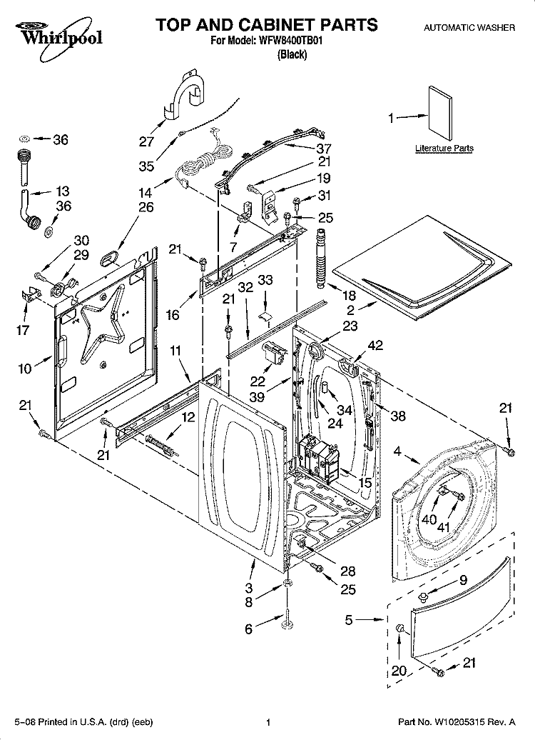 TOP AND CABINET PARTS Diagram and Parts List for WFW8400TB01  Whirlpool Washer