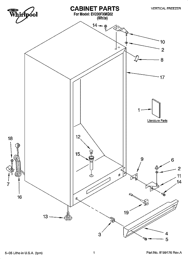 CABINET PARTS Diagram and Parts List for EV200FXMQ02  Whirlpool Freezer