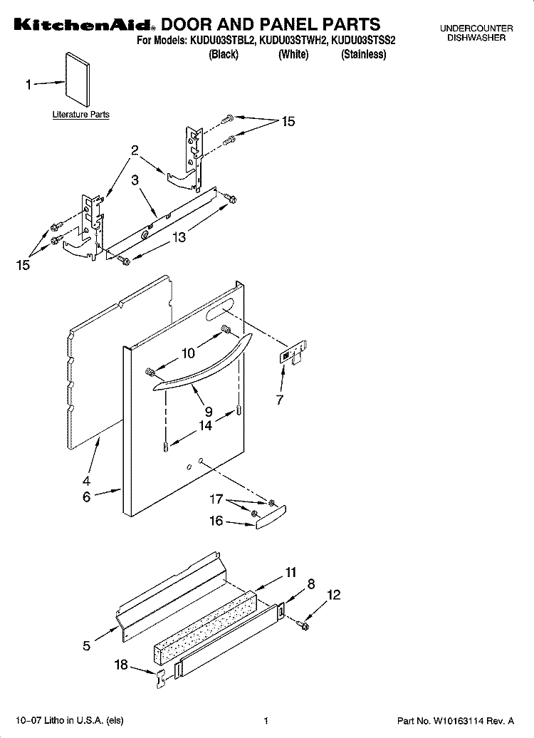 DOOR AND PANEL PARTS Diagram and Parts List for KUDU03STSS2  KitchenAid Dishwasher