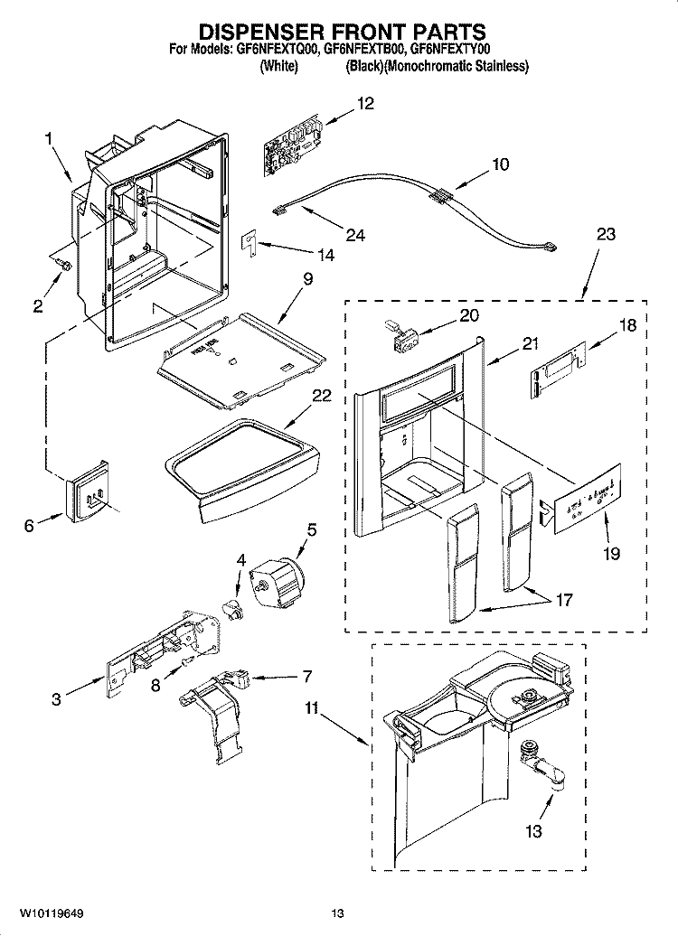 DISPENSER FRONT PARTS Diagram and Parts List for GF6NFEXTB00  Whirlpool Refrigerator