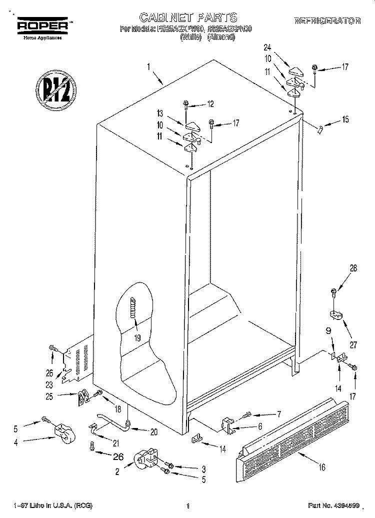 CABINET Diagram and Parts List for RS25AQXFW00  Roper Refrigerator