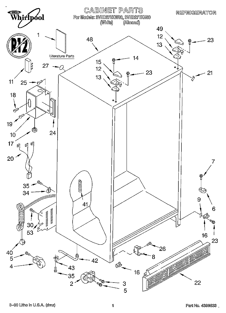 CABINET, LITERATURE Diagram and Parts List for 2VED27TKW00  Whirlpool Refrigerator