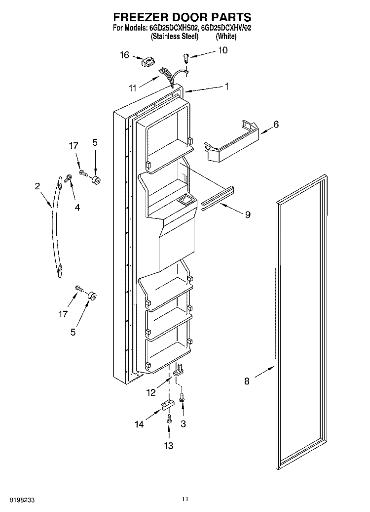 FREEZER DOOR Diagram and Parts List for 6GD25DCXHW02  Whirlpool Refrigerator