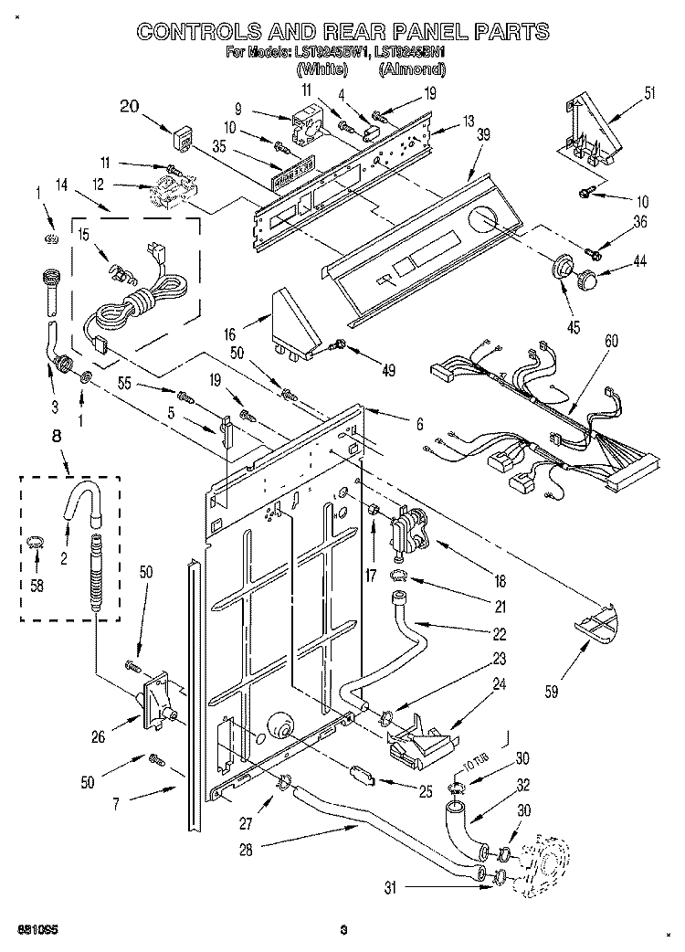 CONTROLS AND REAR PANEL Diagram and Parts List for LST9245BN1  Whirlpool Washer