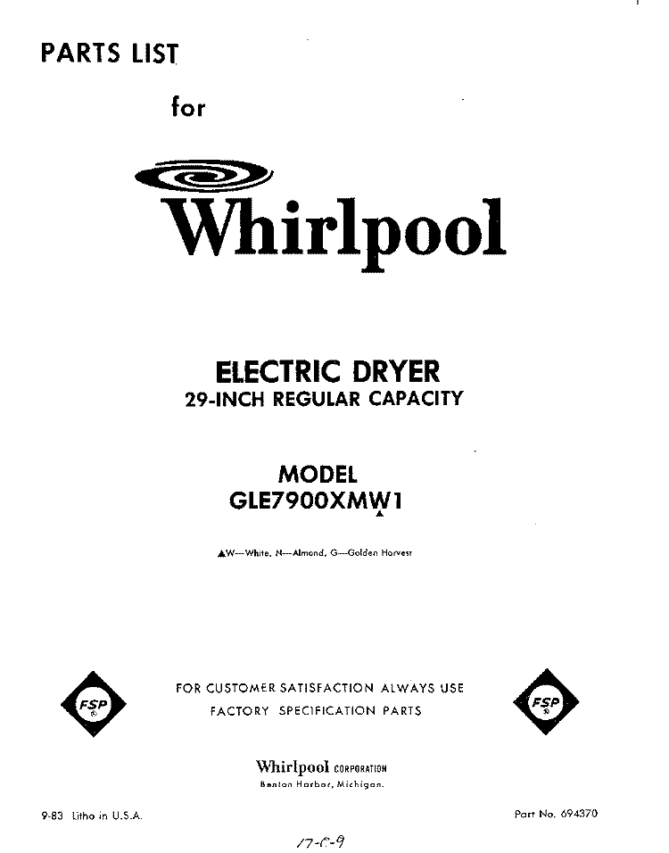 SECTION Diagram and Parts List for GLE7900XMW1  Whirlpool Dryer