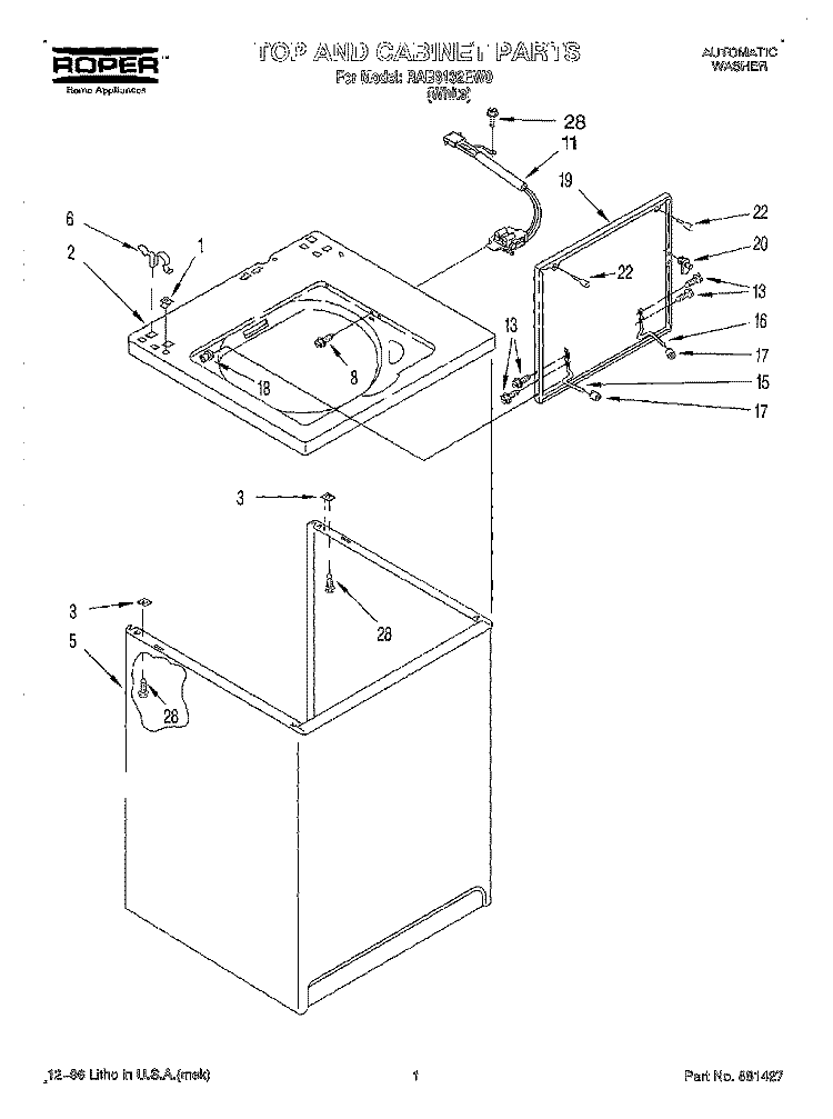 TOP AND CABINET Diagram and Parts List for RAB3132EW0  Roper Washer