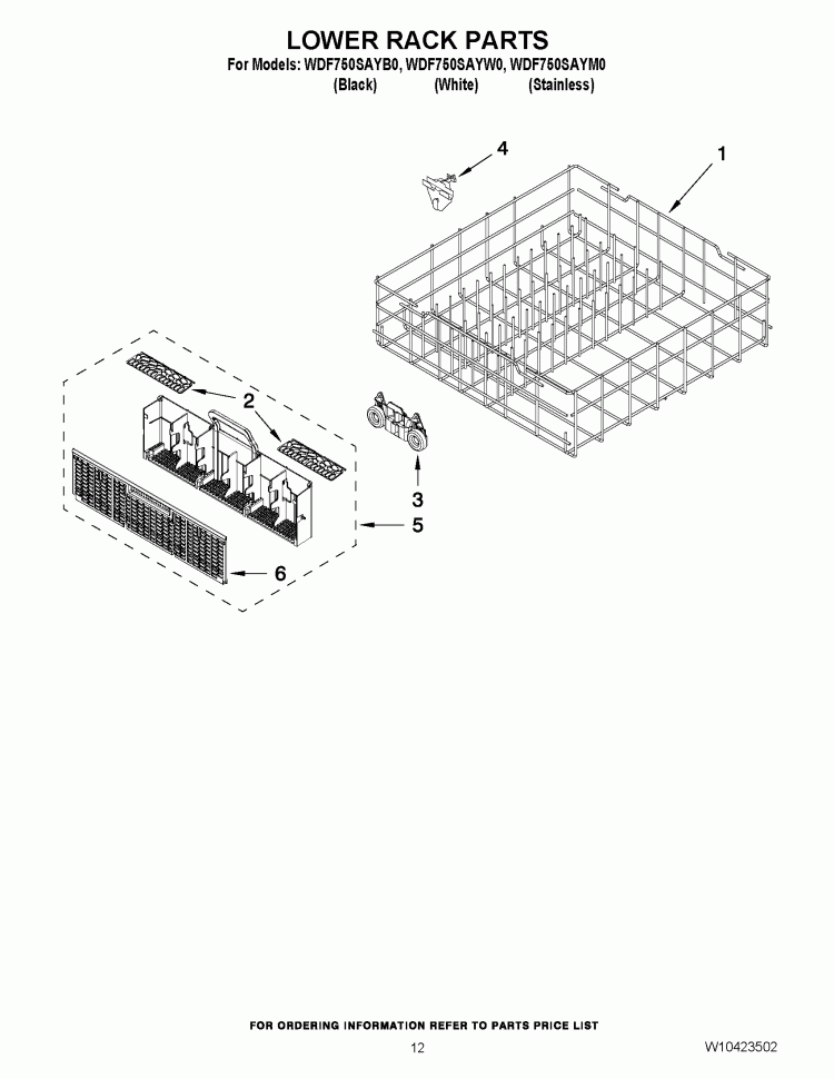 LOWER RACK PARTS Diagram and Parts List for WDF750SAYW0  Whirlpool Dishwasher