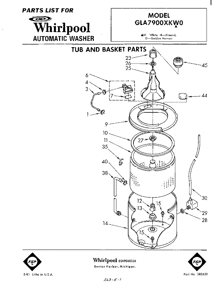 TUB AND BASKET Diagram and Parts List for GLA7900XKW0  Whirlpool Washer