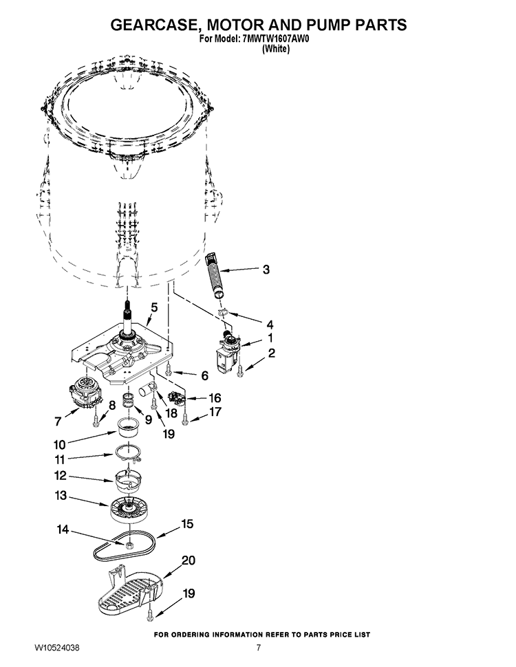 GEARCASE, MOTOR AND PUMP PARTS Diagram and Parts List for 7MWTW1607AW0  Whirlpool Washer