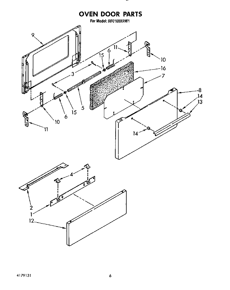 OVEN DOOR Diagram and Parts List for RF0100XRW1  Whirlpool Range