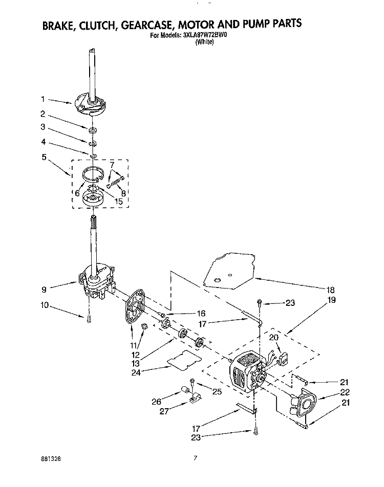 BRAKE, CLUTCH, GEARCASE, MOTOR AND PUMP Diagram and Parts List for 3XLA87W72BW0  Whirlpool Washer